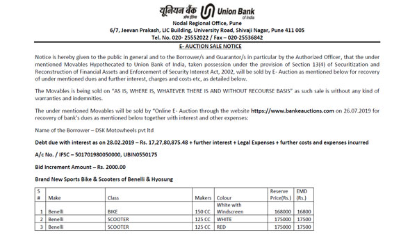DSK Owned Benelli & Hyosung Motorcycles Up For Grabs – Will Be Available Through Online Auction Only