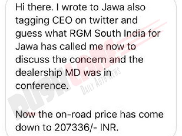 Jawa Dealer Adds Handling Charges Of Rs 9000: Customer Complains To CEO