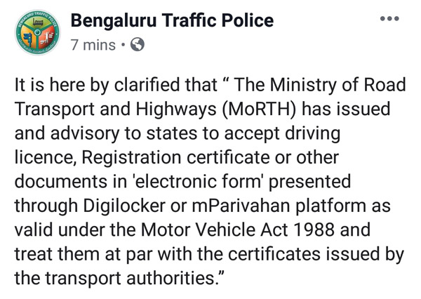 Insurance & Other Documents On Digilocker Are Valid According To Bangalore Traffic Police