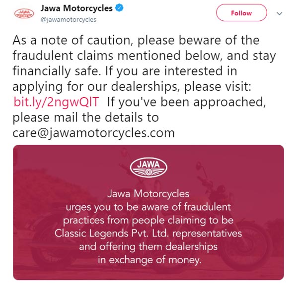 Jawa Motorcycles Dealership Scam Jawa Cautions Enthusiasts Against