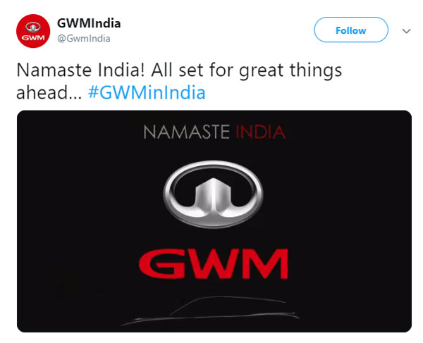 Great Wall Motors Says Namaste India Via Official Teaser On Twitter