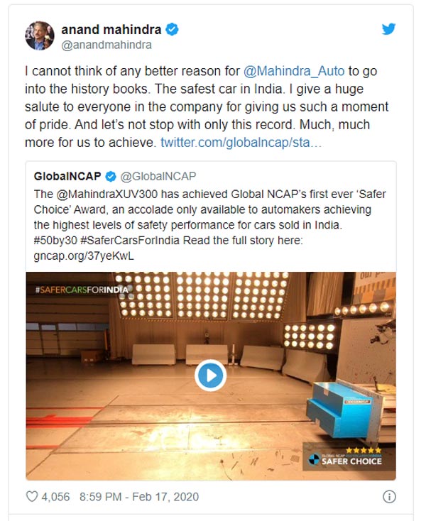Mahindra XUV300 Wins Global NCAP’s Safer Choice Award: Becomes First Indian Manufacturer To Win