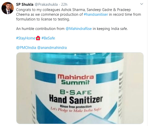 Mahindra Producing Hand Sanitizers To Fight COVID-19 Pandemic