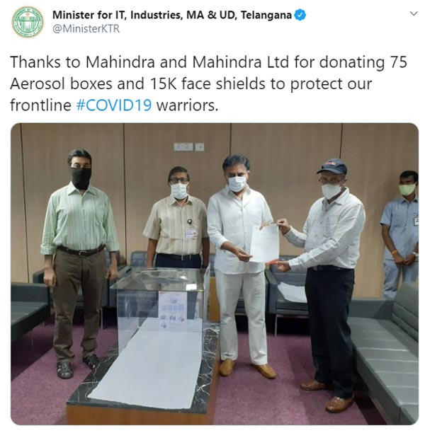 Mahindra Distributes Aerosol Boxes And Face Shields To Telangana Government