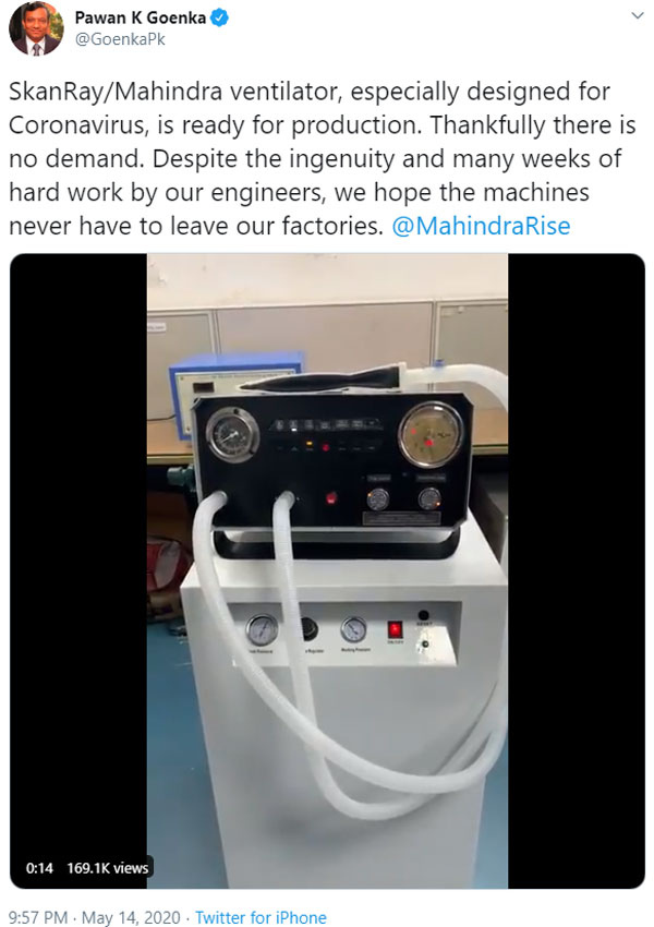 Mahindra High-Spec Ventilators Ready For Production :To Treat Covid-19 Patients