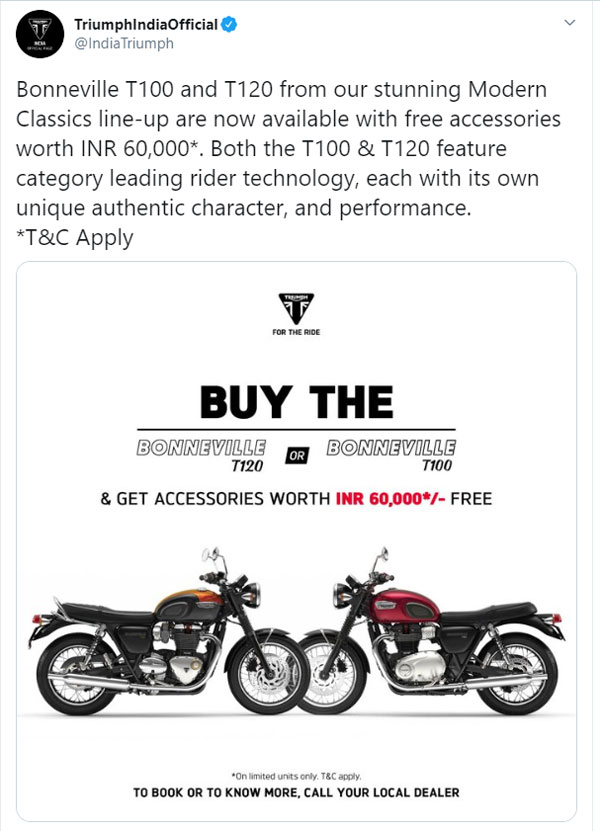 Triumph Bonneville Offered With Free Accessories For Limited Time: Details