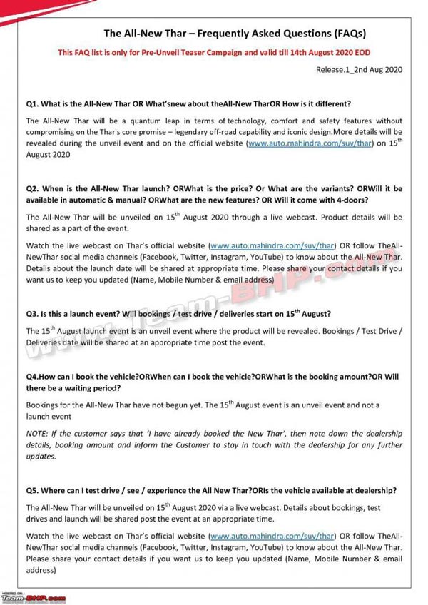 New Mahindra Thar Unveil On August 15: Will Be An Online Event