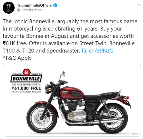 Triumph Bonneville August Offers: Free Accessories On All Models