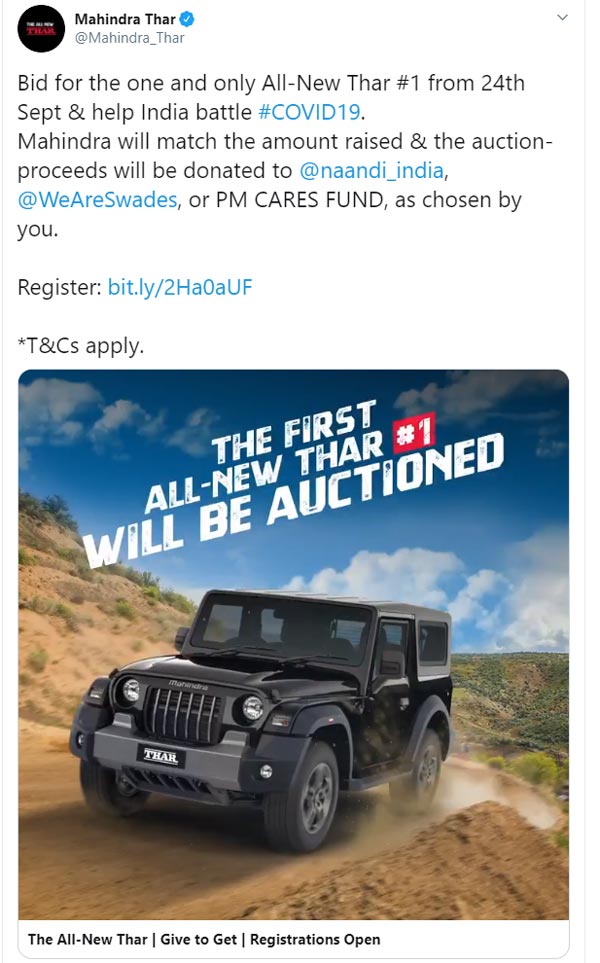 First New Mahindra Thar Off-Road SUV To Be Auctioned For Charity: Dates & Other Details