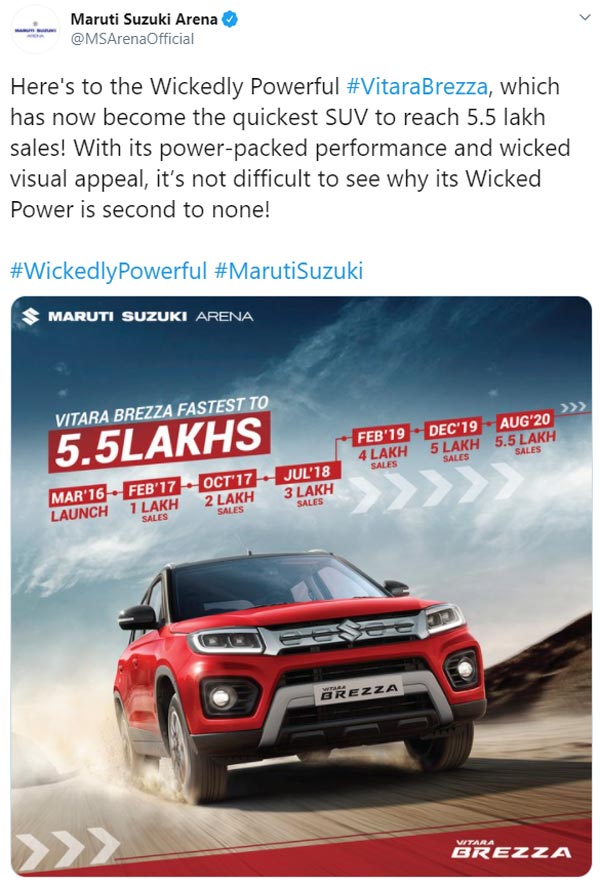 Maruti Suzuki Reaches A New Milestone: 5.5 Lakh Units Of The Vitara Brezza Sold Since Its Inception