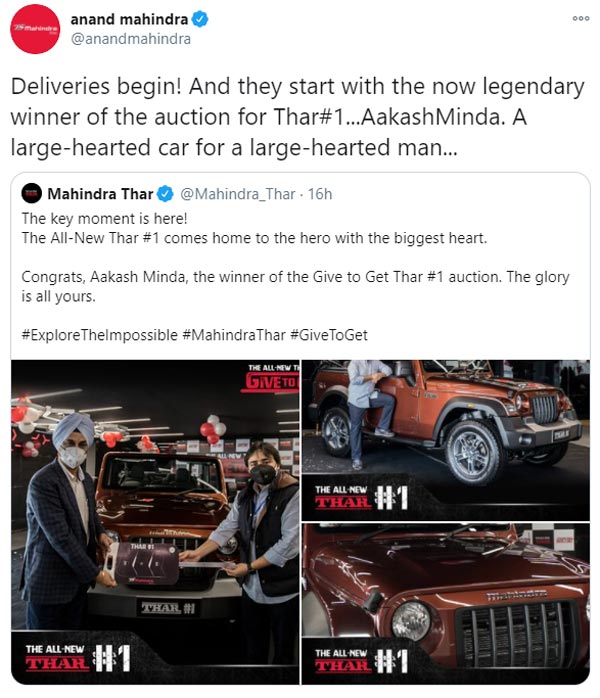 New Mahindra Thar Deliveries Begin: #1 Auctioned SUV Delivered To Aakash Minda