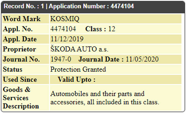 Skoda India Trademarks Three Names Ahead Of Vision IN SUV Launch: Kosmiq, Karmiq & Kushaq