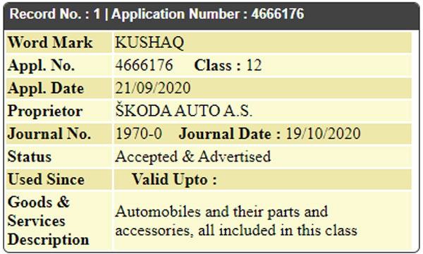 Skoda India Trademarks Three Names Ahead Of Vision IN SUV Launch: Kosmiq, Karmiq & Kushaq