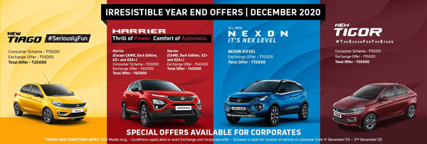 Tata Car Discounts & Year-End Offers Announced For December 2020: Benefits Of Rs 65,000 On Tiago, Tigor, Nexon & Harrier