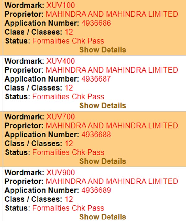 Mahindra Trademarks XUV100, XUV400, XUV700 & XUV900 Names For Future SUVs