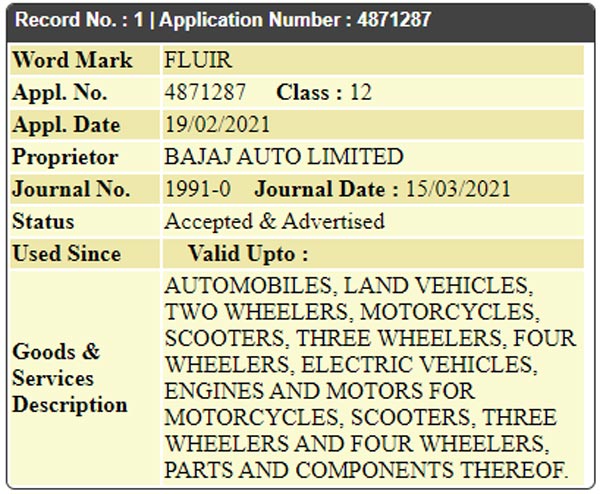 Bajaj Auto Trademarks Fluor & Fluir Names In India: Could It Be An Electric Two-Wheeler?