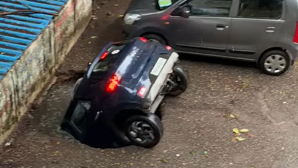 Car Falls Into Sinkhole At Mumbai Parking Lot — Shocking Visuals Surface; Hyundai Venue Sinks