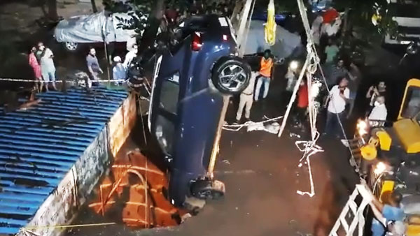 Car Falls Into Sinkhole At Mumbai Parking Lot — Shocking Visuals Surface; Hyundai Venue Sinks