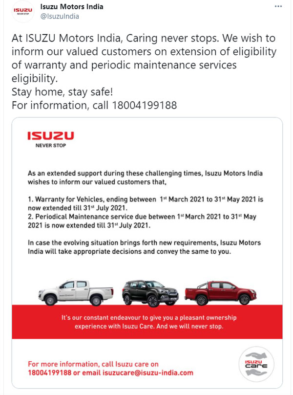 Isuzu Extends Warranty & Free Service Period In India Due To Coronavirus Lockdown: Extension Period & Other Details