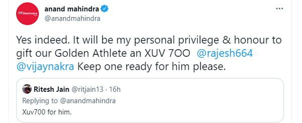 Mahindra XUV700 For Neeraj Chopra: Anand Mahindra Announces Gift In Honour Of Olympic Gold Medalist