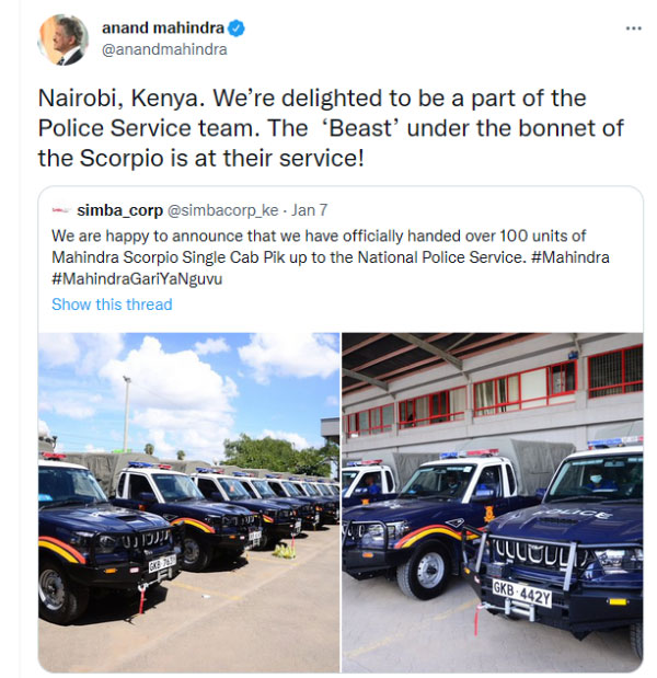 Mahindra Scorpio Pick-Up Truck Joins Kenya Police Fleet: 100 SUV Units Delivered