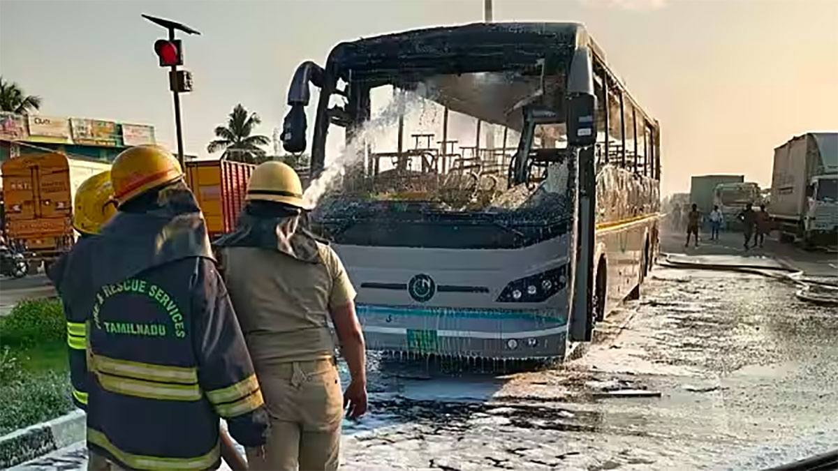 Electric Bus Catches Fire Near Chennai Passengers Unhurt DriveSpark